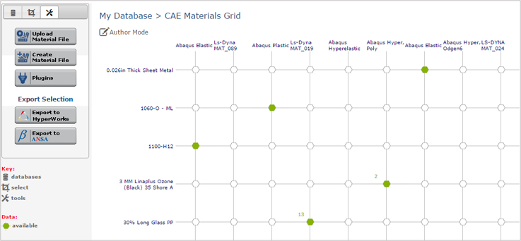 Export capabilities in the CAE Materials Grid